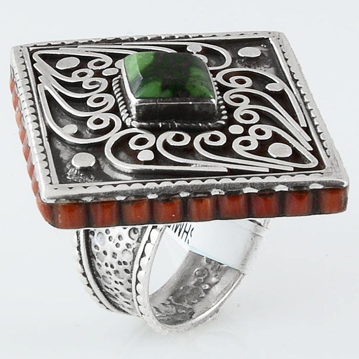 Size 10 Cocktail Ring Turquoise Sterling Silver Rhombus Filigree Rings - Kashmir Designs