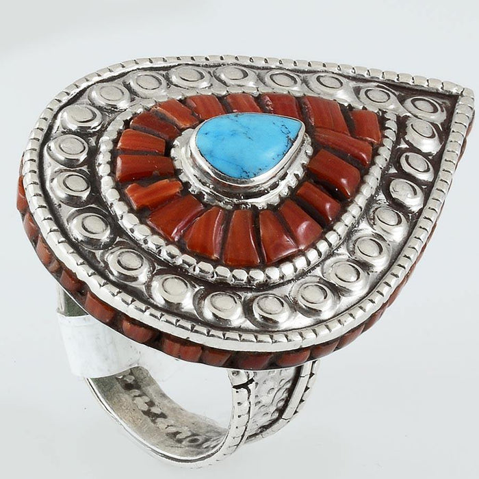 Size 9 Turquoise Coral Ring Sterling Silver Pear Shape Rings - Kashmir Designs
