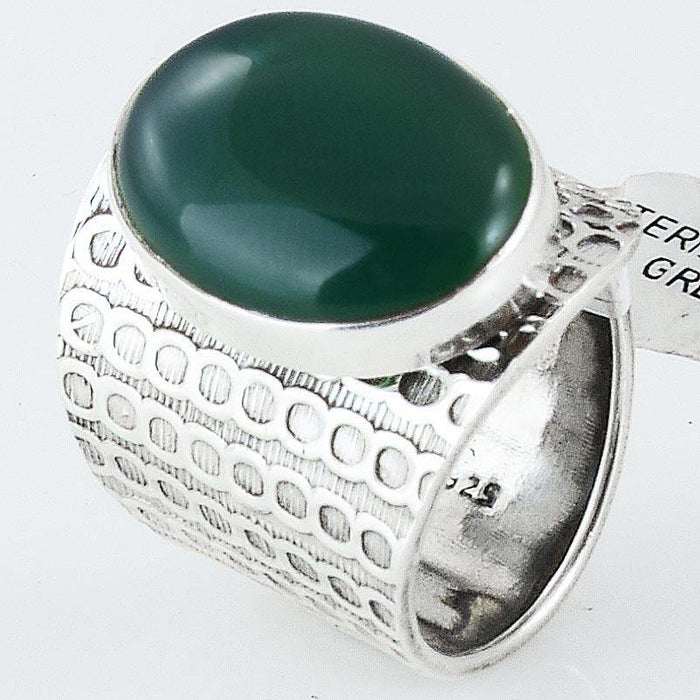 Size 9.5 Green Onyx Contemporary Ring Sterling Silver Cabochon Oval Rings - Kashmir Designs