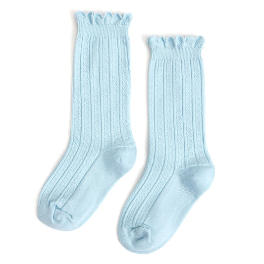 girls pastel blue scallop trimmed knee highs for spring with dainty knit pattern