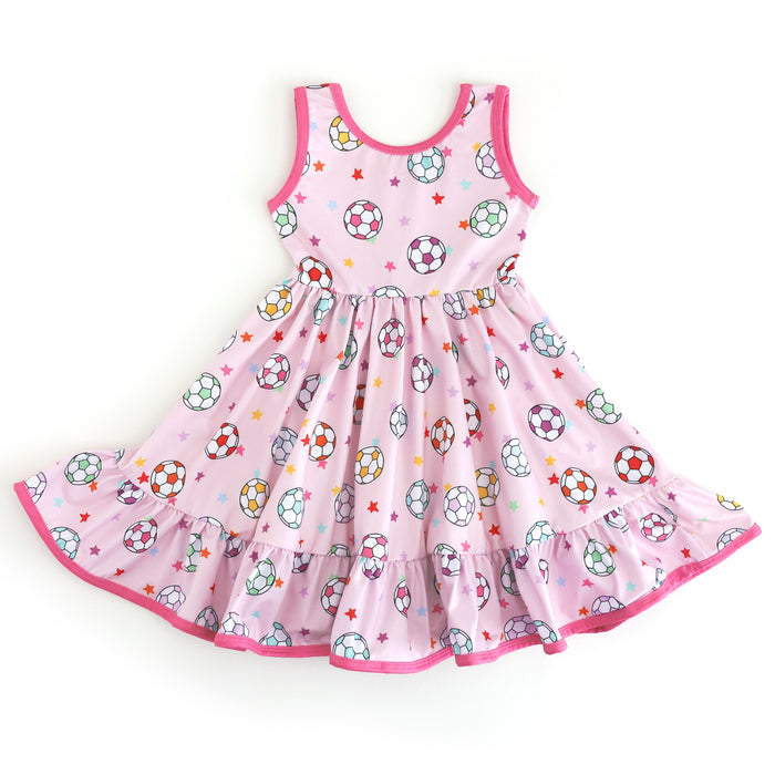 girls' pink with pink trim sleeveless twirl dress and colorful soccer ball and star print