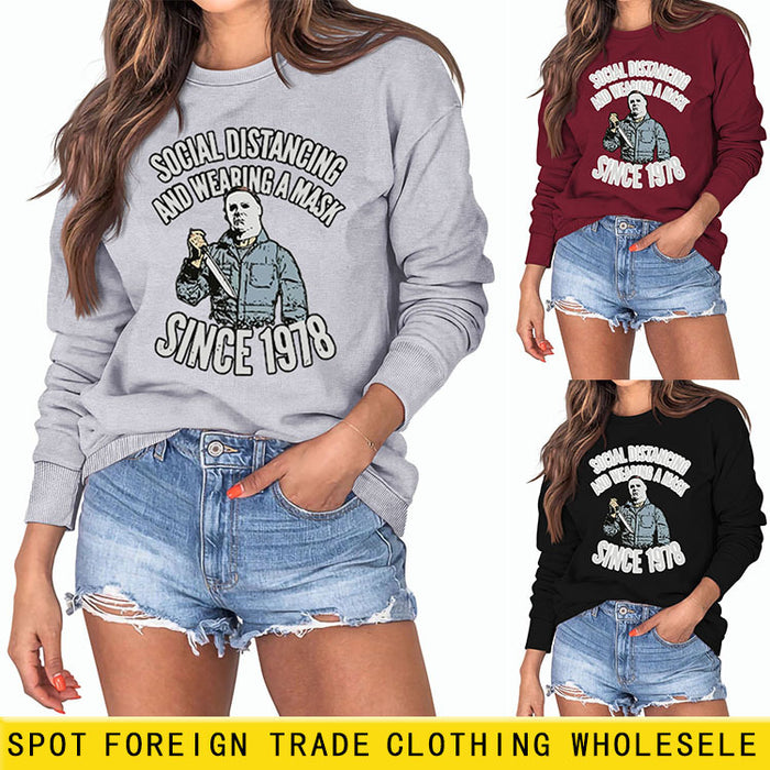 SOCIAL DISTANCING AND LETTERPRINT CREW NECK BOTTOM LONG SLEEVE SWEATER