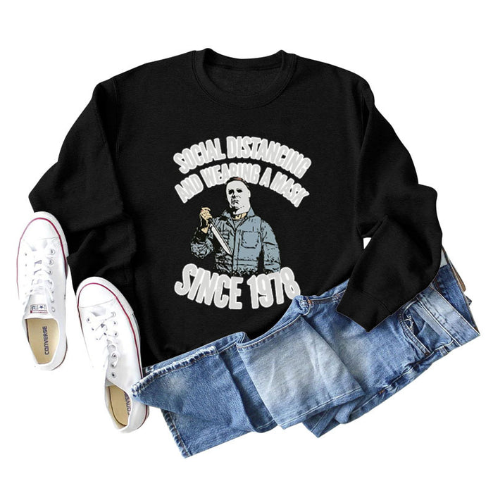SOCIAL DISTANCING AND LETTERPRINT CREW NECK BOTTOM LONG SLEEVE SWEATER
