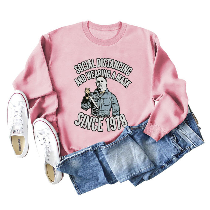 SOCIAL DISTANCING AND LETTERPRINT CREW NECK BOTTOM LONG SLEEVE SWEATER