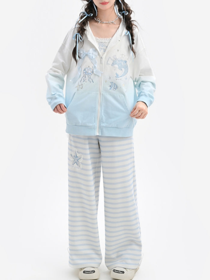 Starfish Embroidery Playful Blue and White Striped Casual Pants