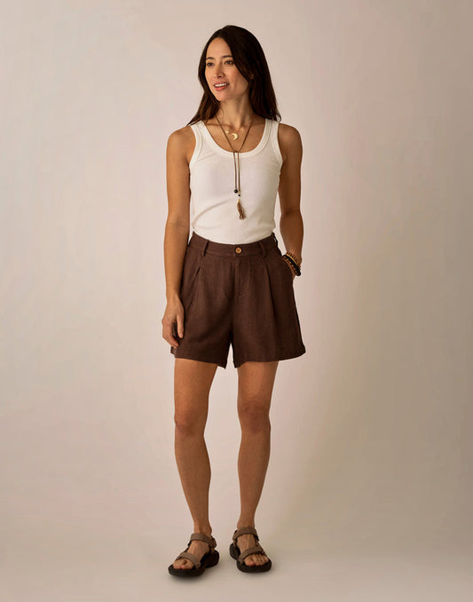Suki Linen Short: Coffee Chambray