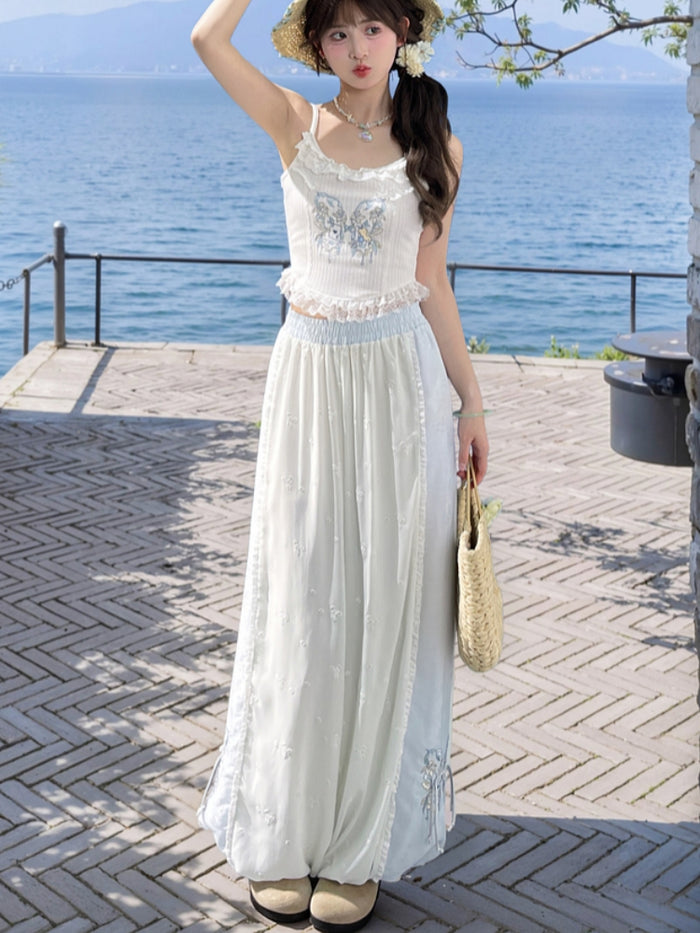 Summer Flowing Butterfly Embroidery Cropped Harem Pants