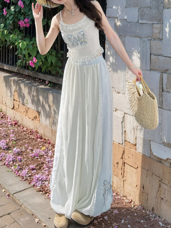 Summer Flowing Butterfly Embroidery Cropped Harem Pants