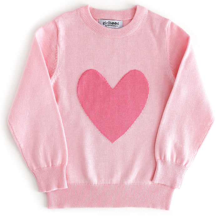 girls light pink pullover sweater with candy pink heart design in the center