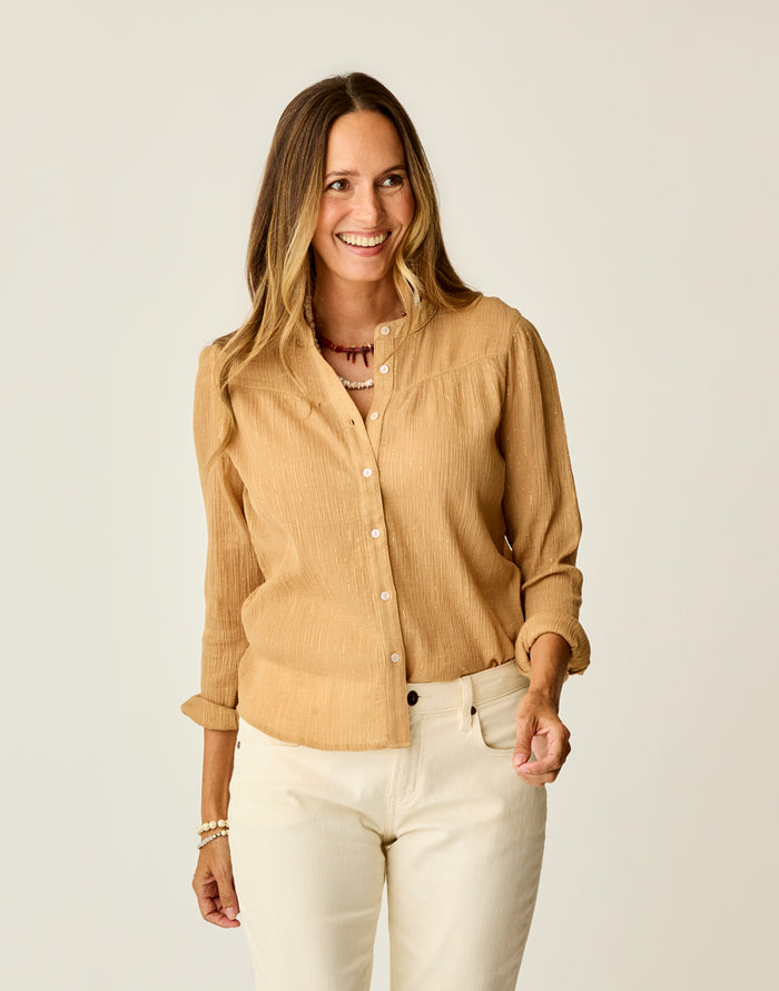 Tatum Gauze Top: Camel Lurex