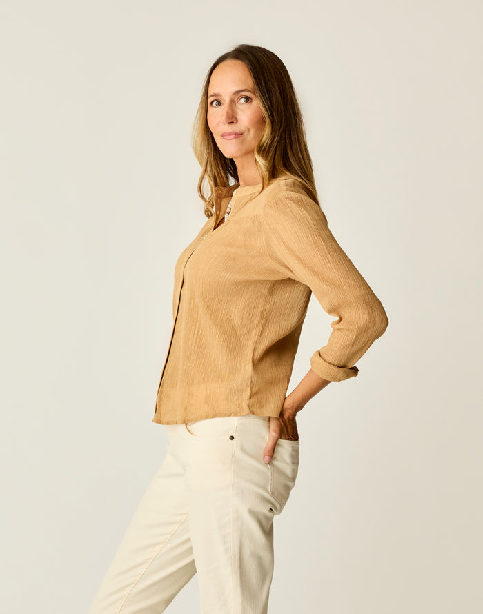 Tatum Gauze Top: Camel Lurex