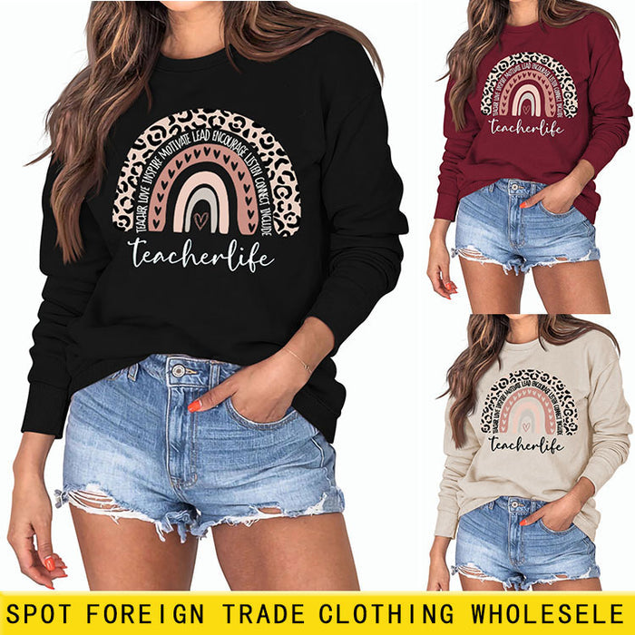 TEACHER LOVE INSPIRE LETTERS Leopard Print Long Sleeved Sweater for Women