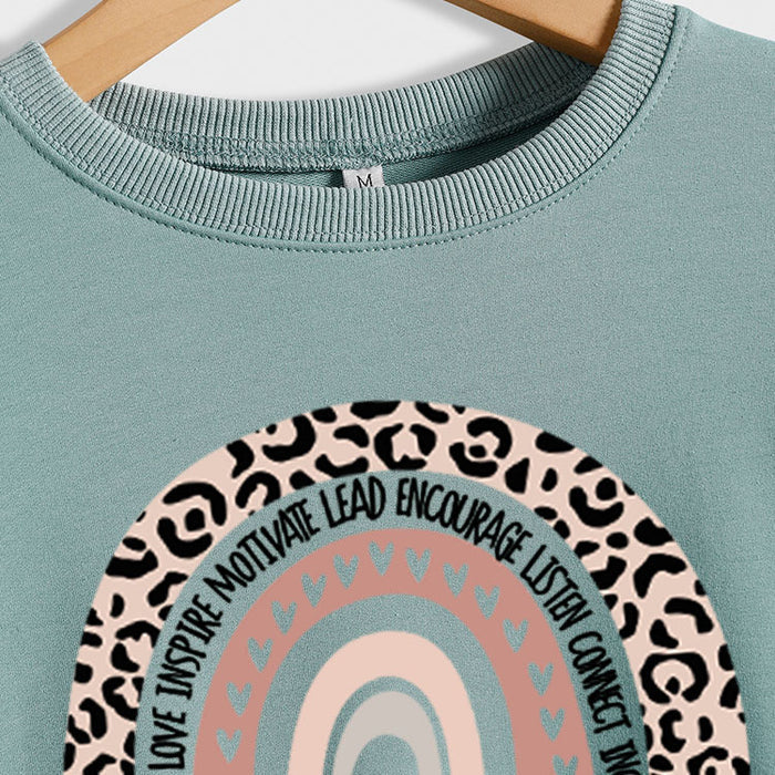 TEACHER LOVE INSPIRE LETTERS Leopard Print Long Sleeved Sweater for Women