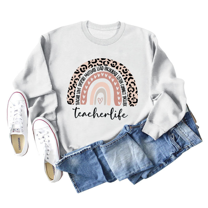 TEACHER LOVE INSPIRE LETTERS Leopard Print Long Sleeved Sweater for Women