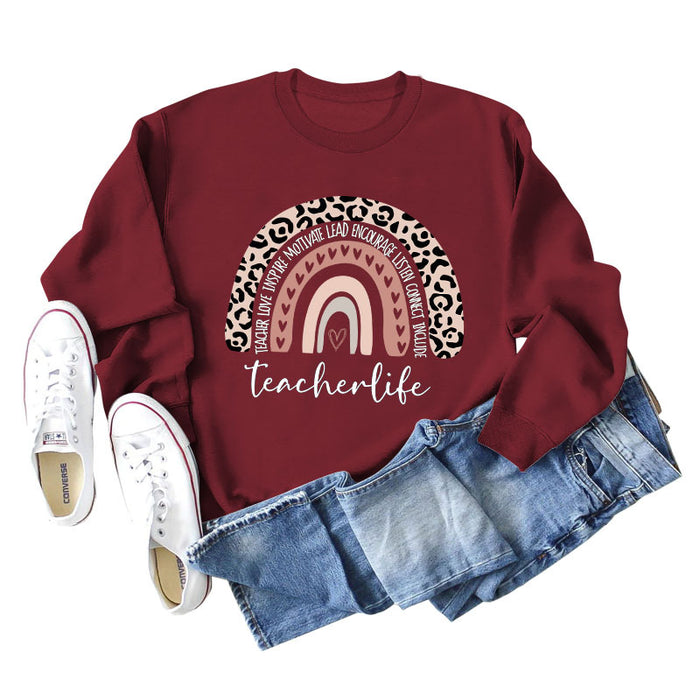 TEACHER LOVE INSPIRE LETTERS Leopard Print Long Sleeved Sweater for Women