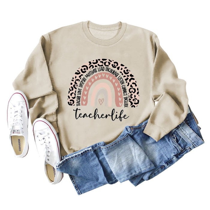 TEACHER LOVE INSPIRE LETTERS Leopard Print Long Sleeved Sweater for Women