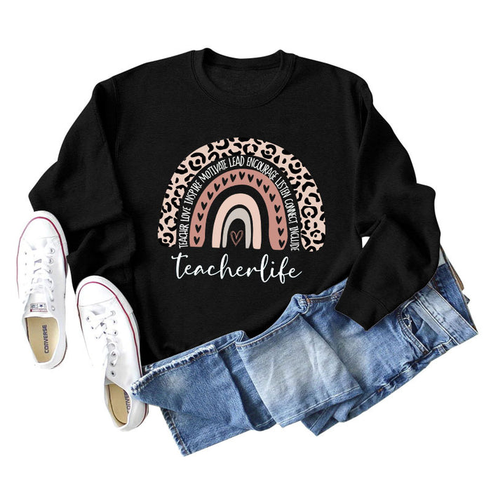 TEACHER LOVE INSPIRE LETTERS Leopard Print Long Sleeved Sweater for Women