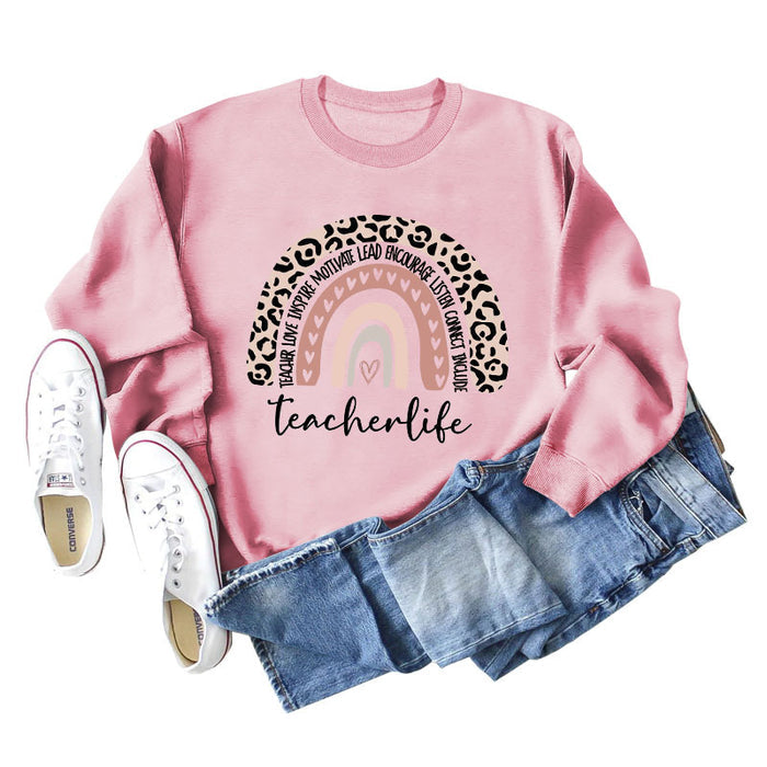 TEACHER LOVE INSPIRE LETTERS Leopard Print Long Sleeved Sweater for Women