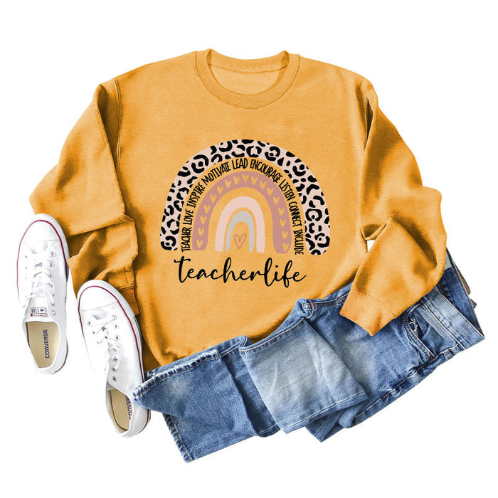TEACHER LOVE INSPIRE LETTERS Leopard Print Long Sleeved Sweater for Women