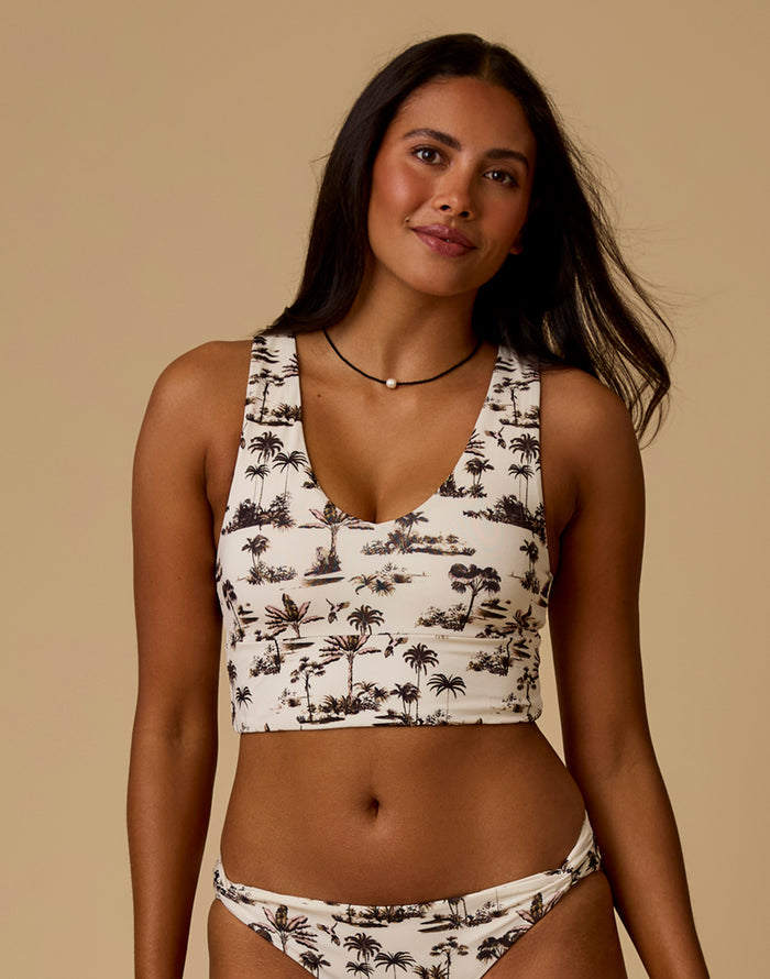 Tofino Top Toile longline V-neck bikini top in toile print Signature Tricot Swim high support