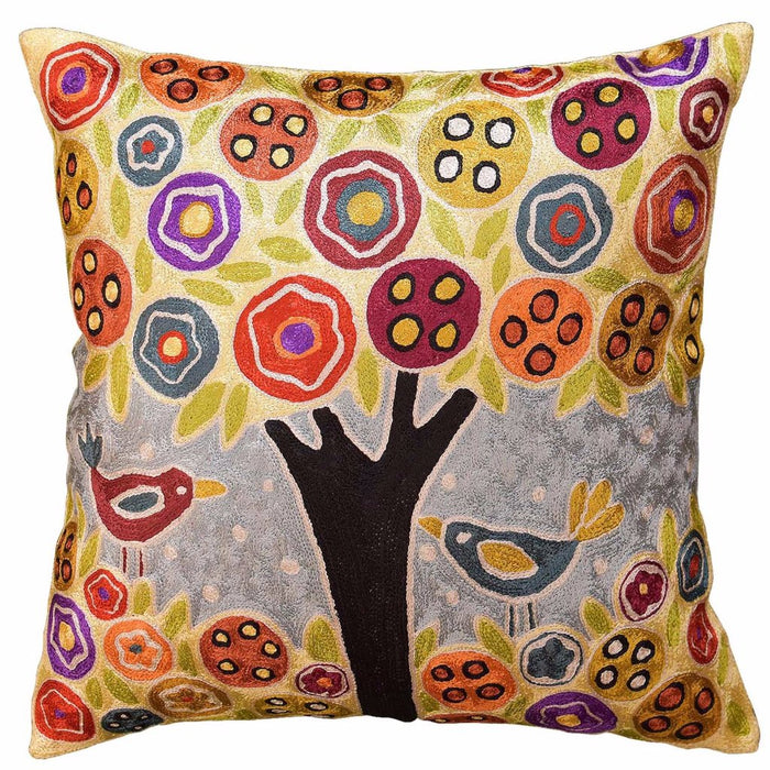 Tree & 2 Birds in Bloom Karla Gerard Throw Pillow Cover Handmade Art Silk 18"x18" - KashmirDesigns