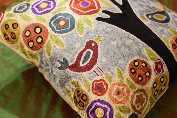Tree & 2 Birds in Bloom Karla Gerard Throw Pillow Cover Handmade Art Silk 18"x18" - KashmirDesigns