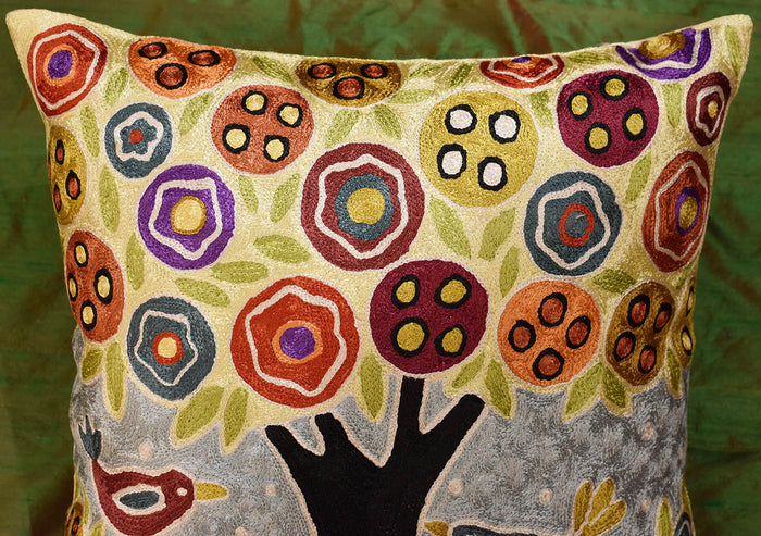 Tree & 2 Birds in Bloom Karla Gerard Throw Pillow Cover Handmade Art Silk 18"x18" - KashmirDesigns
