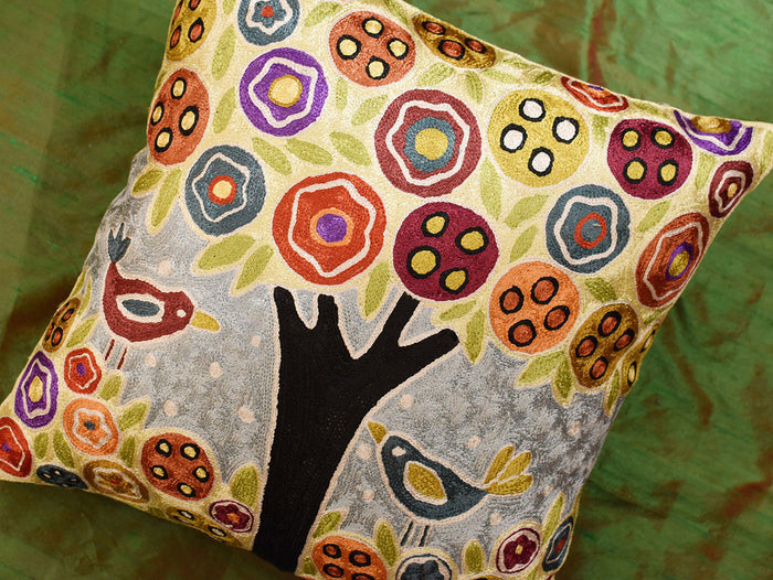 Tree & 2 Birds in Bloom Karla Gerard Throw Pillow Cover Handmade Art Silk 18"x18" - KashmirDesigns