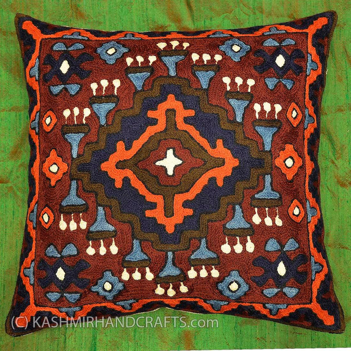 Tribal Brown Orange Blue Wool Decorative Pillow hand embroidered - Kashmir Designs