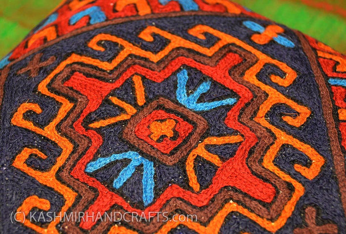 Tribal Brown Orange Blue Wool Decorative Pillow hand embroidered - Kashmir Designs