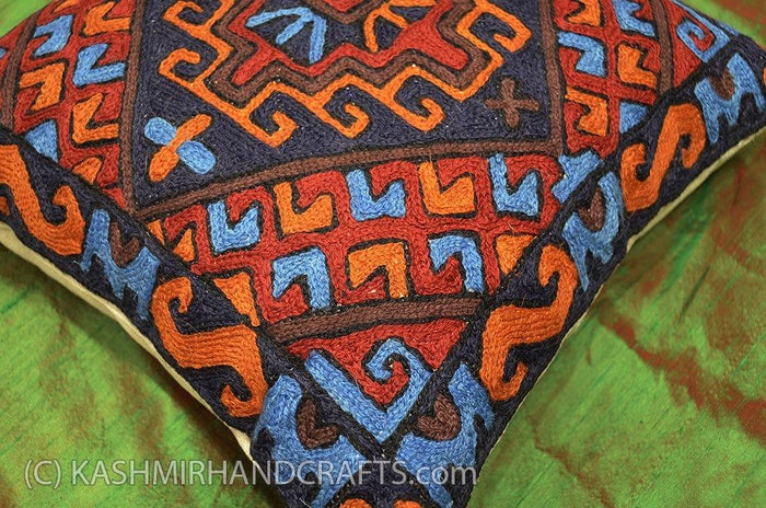 Tribal Brown Orange Blue Wool Decorative Pillow hand embroidered - Kashmir Designs