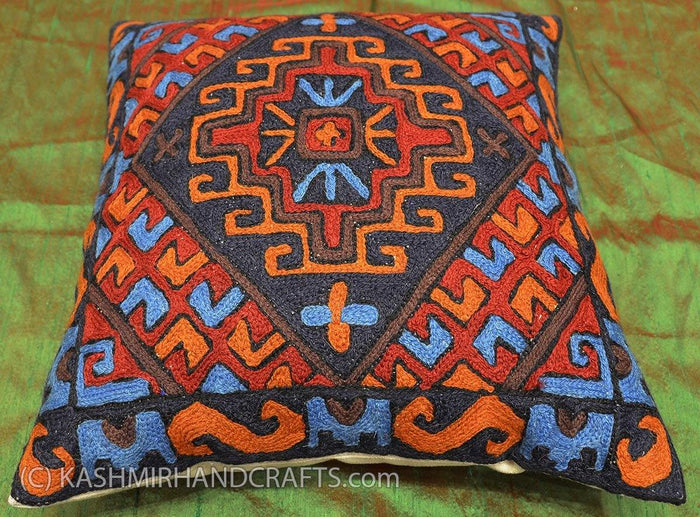 Tribal Brown Orange Blue Wool Decorative Pillow hand embroidered - Kashmir Designs