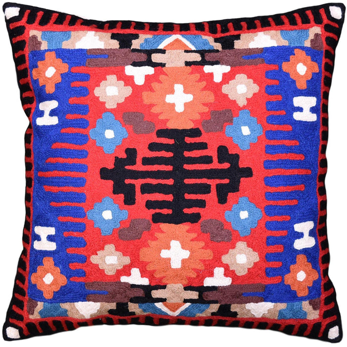 Tribal Pillow Cover Thunderbird Red Blue Southwestern Aztec Handembroidered Wool 18x18 - Kashmir Designs