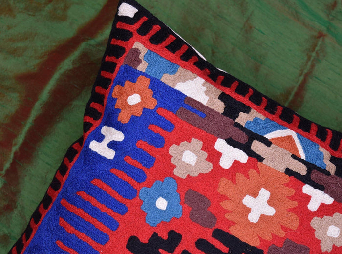 Tribal Pillow Cover Thunderbird Red Blue Southwestern Aztec Handembroidered Wool 18x18 - Kashmir Designs