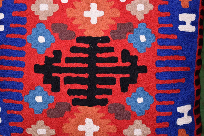 Tribal Pillow Cover Thunderbird Red Blue Southwestern Aztec Handembroidered Wool 18x18 - Kashmir Designs