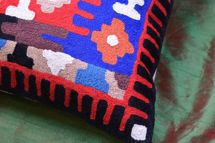 Tribal Pillow Cover Thunderbird Red Blue Southwestern Aztec Handembroidered Wool 18x18 - Kashmir Designs