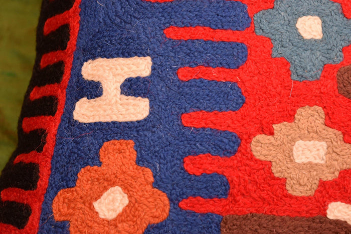 Tribal Pillow Cover Thunderbird Red Blue Southwestern Aztec Handembroidered Wool 18x18 - Kashmir Designs