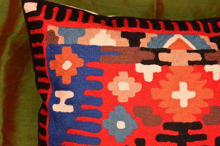 Tribal Pillow Cover Thunderbird Red Blue Southwestern Aztec Handembroidered Wool 18x18 - Kashmir Designs