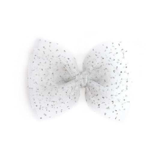 girls' winter white sparkly tulle bow on clip