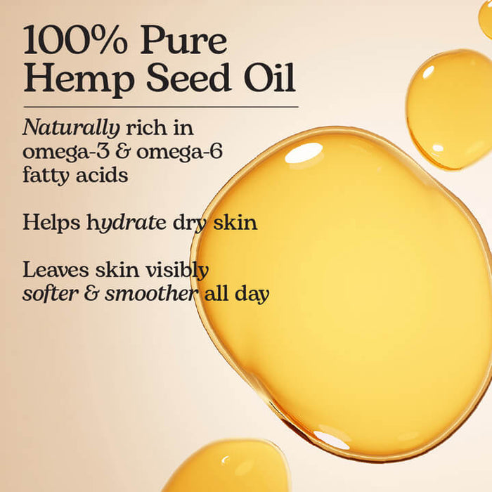 Hempz promotional graphic for 100% pure hemp seed oil with text highlighting omega-3 and omega-6 fatty acids, hydration, and skin benefits, alongside glossy golden oil droplets on a warm beige background.