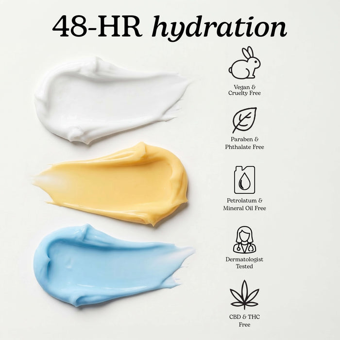 Three Hempz body moisturizer swatches in white, yellow, and light blue are shown on a white background with text reading '48-HR hydration' and icons for vegan/cruelty-free, paraben and phthalate-free, petroleum and mineral oil free, dermatologist-tested, and CBD and THC free.