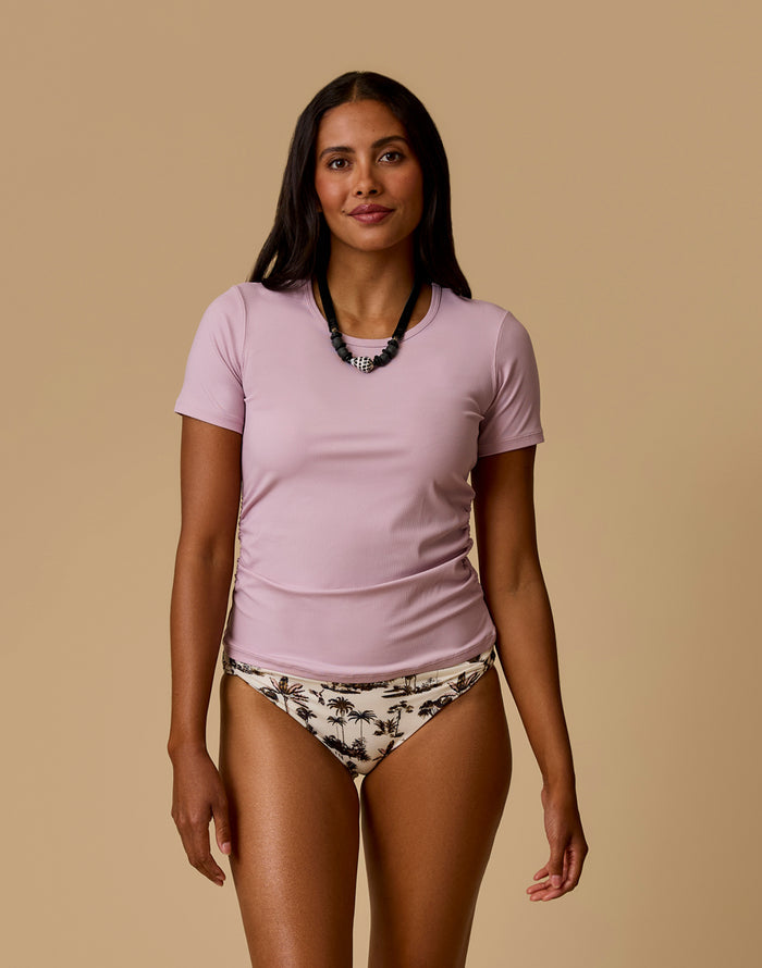 Vega Rib Tee 2.0 Light Dusk fitted crew neck short-sleeve rib tee with soft side shirring and UPF 50+ Swift Rib fabric
