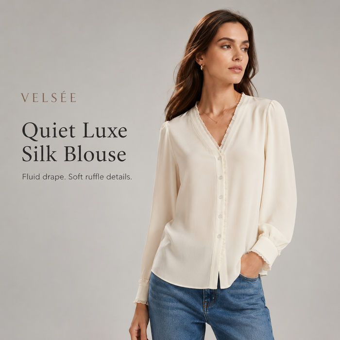VELSÉE 100% Mulberry Silk Ruffle-Trim V-Neck Blouse