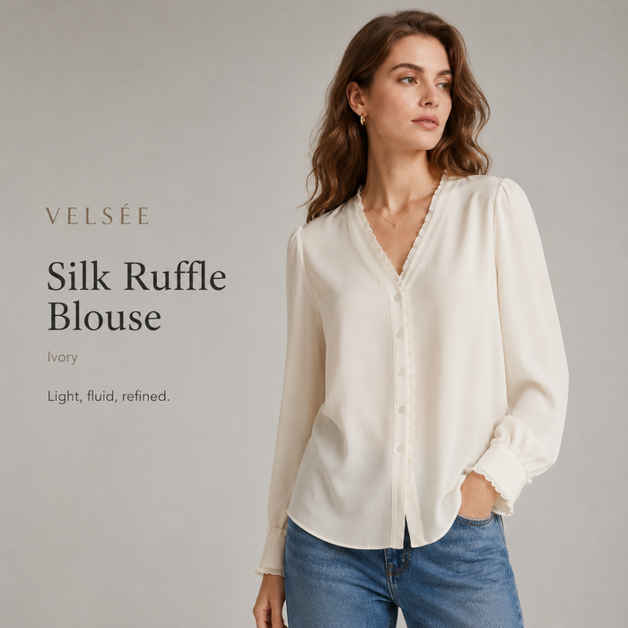VELSÉE 100% Mulberry Silk Ruffle-Trim V-Neck Blouse
