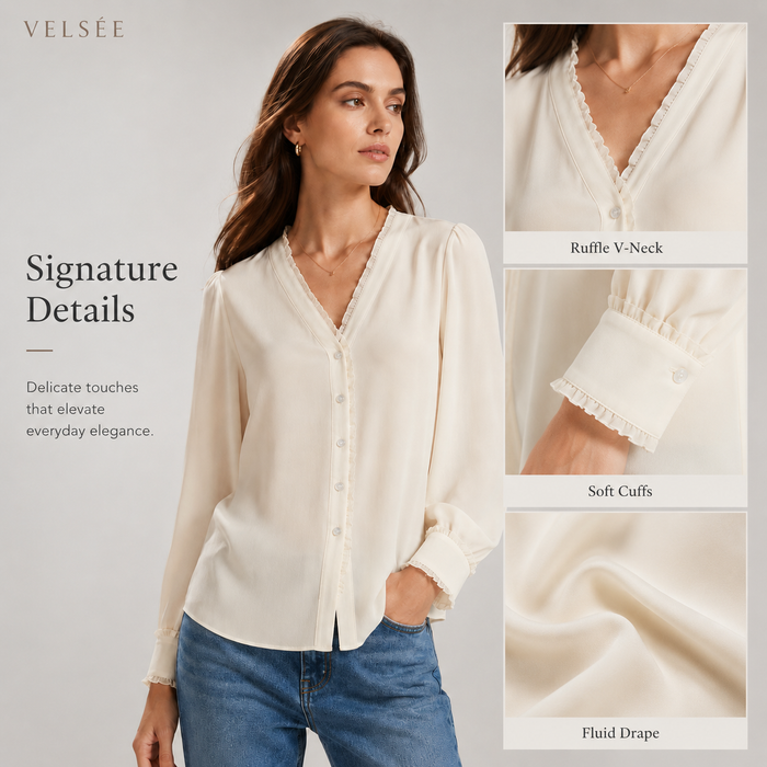 VELSÉE 100% Mulberry Silk Ruffle-Trim V-Neck Blouse