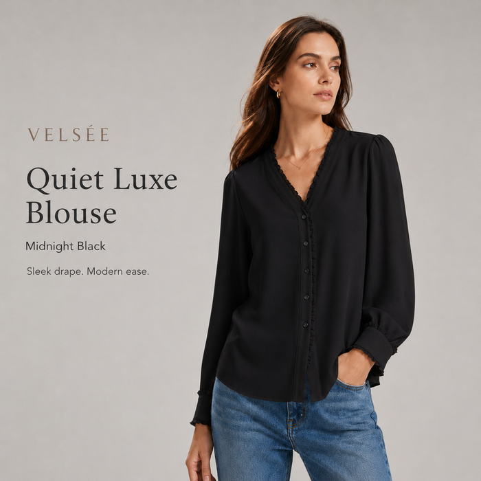 VELSÉE 100% Mulberry Silk Ruffle-Trim V-Neck Blouse