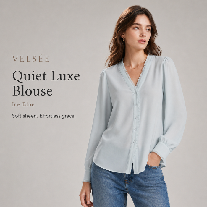 VELSÉE 100% Mulberry Silk Ruffle-Trim V-Neck Blouse