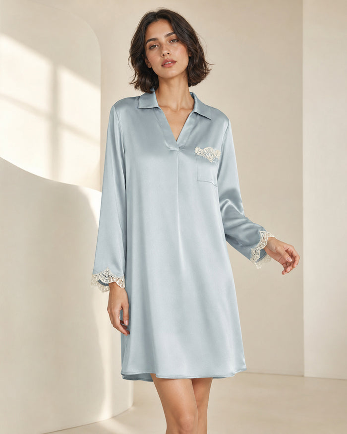 VELSÉE Amélie Silk Nightshirt – Long-Sleeve Collared Sleep Shirt