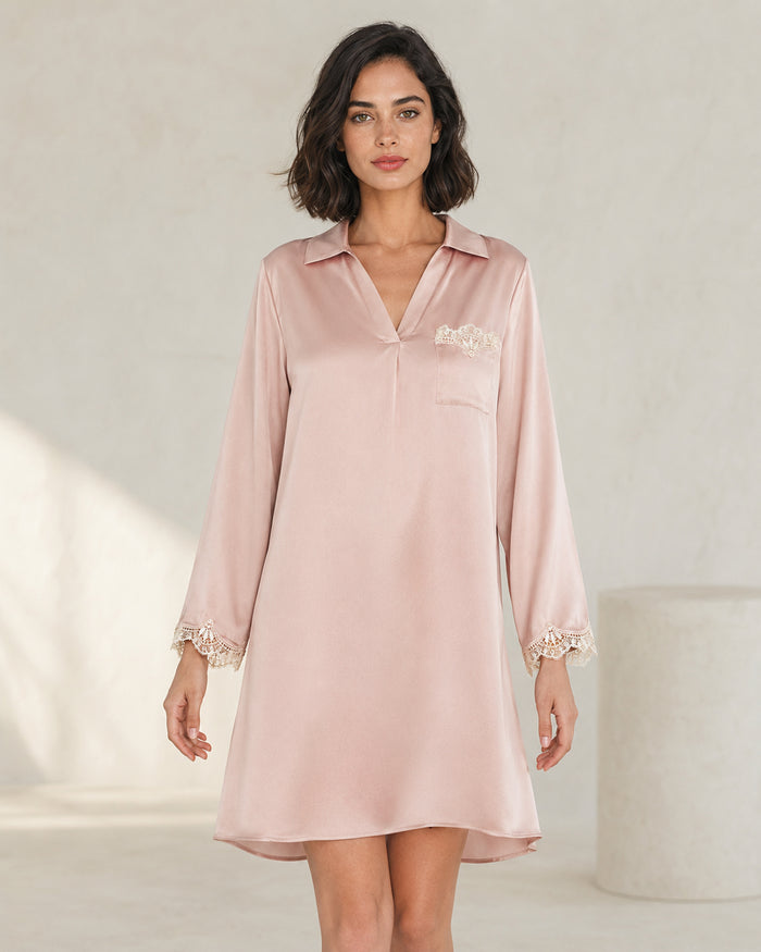 VELSÉE Amélie Silk Nightshirt – Long-Sleeve Collared Sleep Shirt