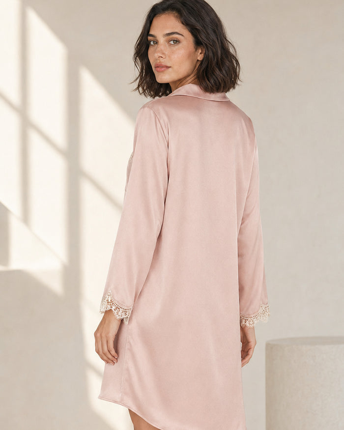 VELSÉE Amélie Silk Nightshirt – Long-Sleeve Collared Sleep Shirt
